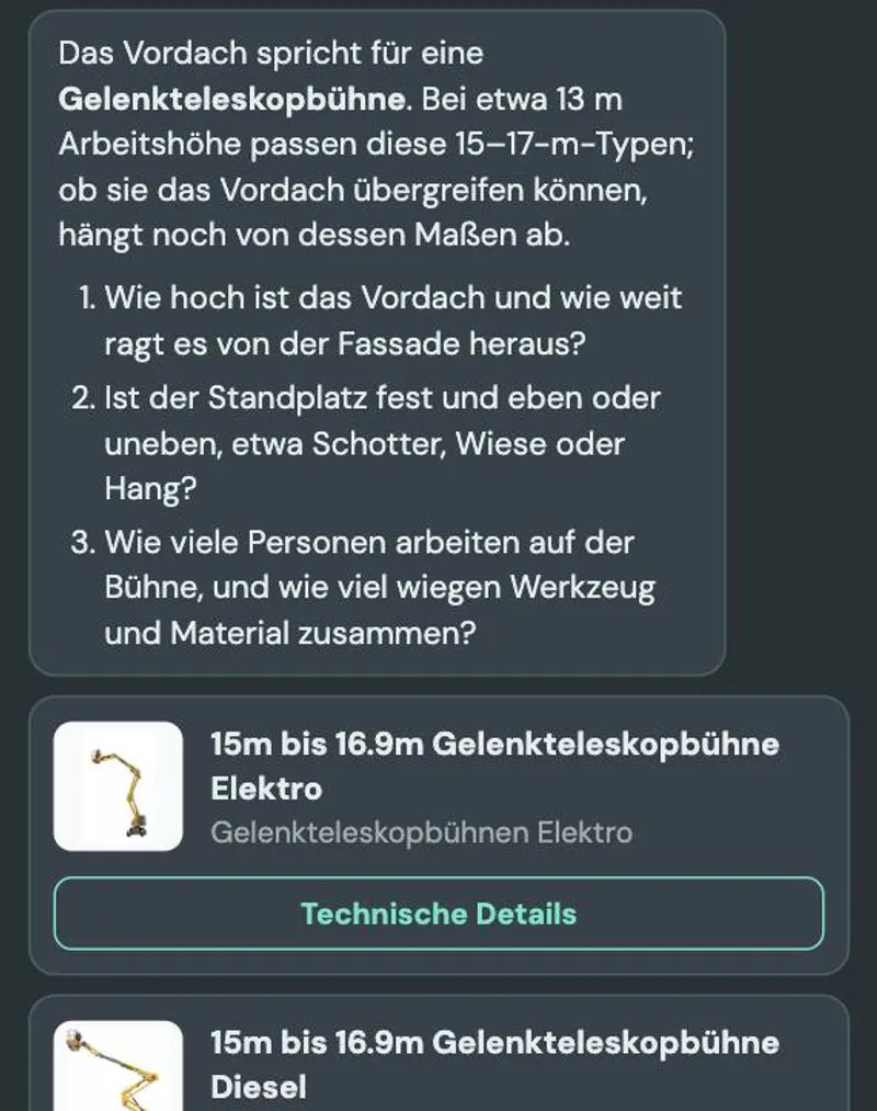 Wegen des Vordachs: Gelenkteleskopbühne mit 15 bis 17 Metern