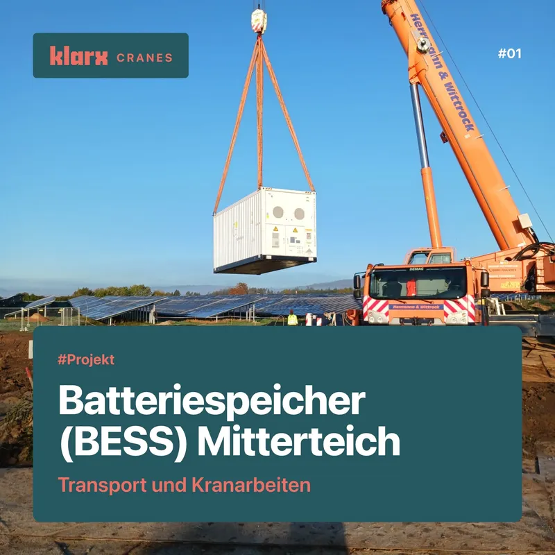 A 200-ton mobile crane positions a battery storage system in Mitterteich